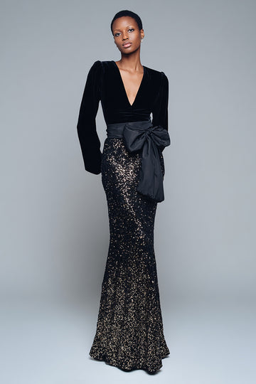 Sparkly Mermaid Black Long Sleeve Formal Dress with Bow